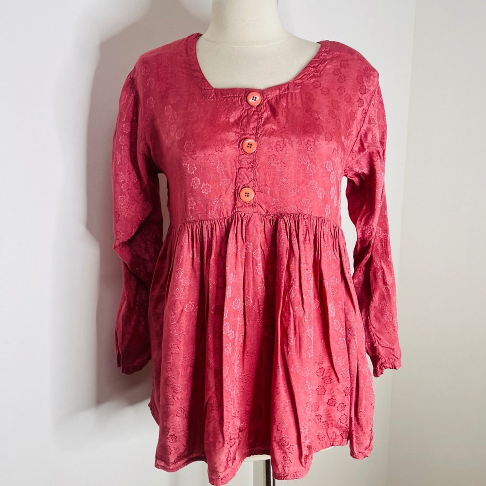 Vintage 1993 At Last Studio Pink Floral Jacquard Rayon Babydoll Tunic Top S